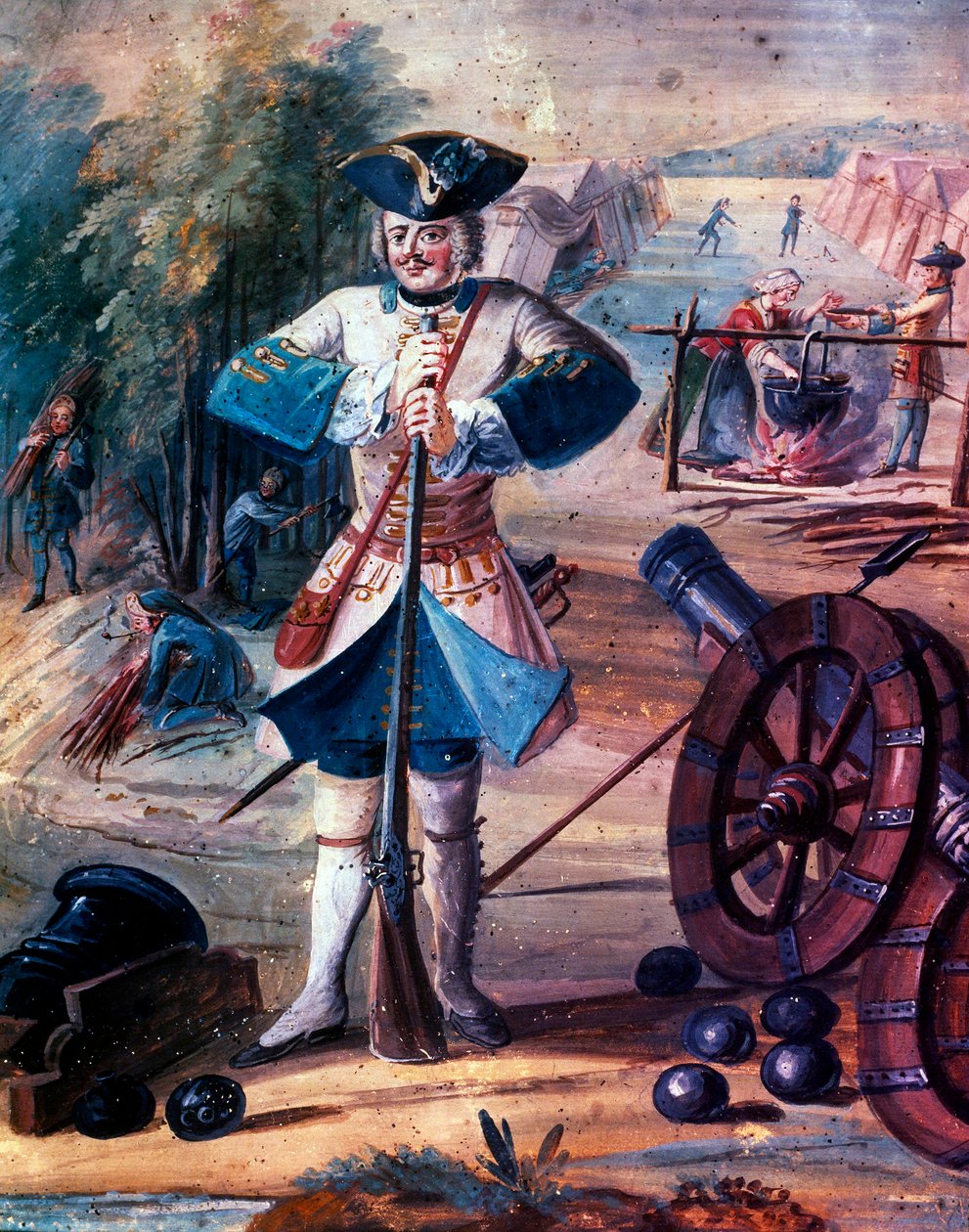 Representación de un granadero de infantería del regimiento del rey Luis XV (1723-1774) hacia 1740, detalle, c.1740 (óleo sobre lienzo) de Artist Unknown