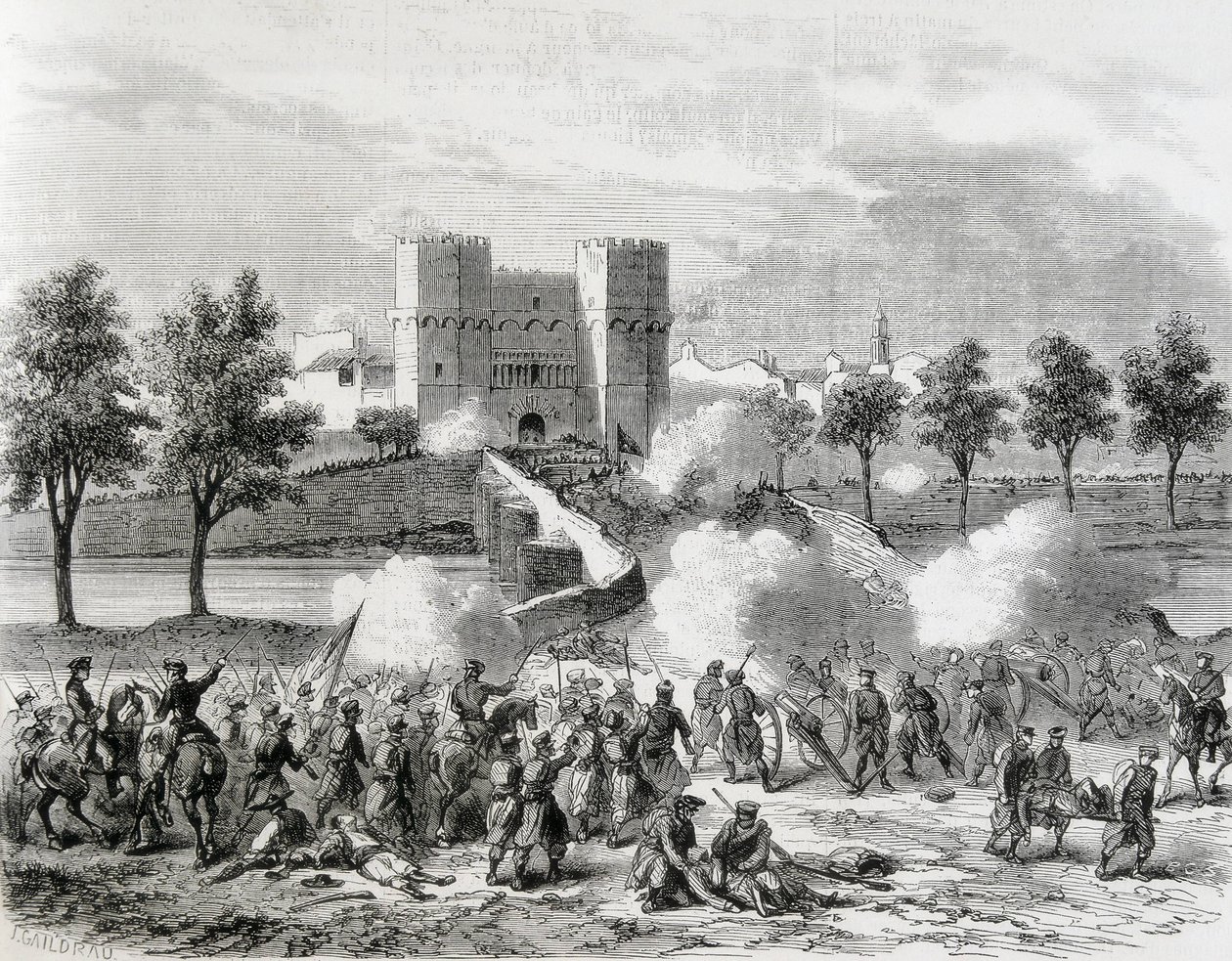 España (1868). Revolución Gloriosa. Ataque de las tropas gubernamentales en la Puerta de Serrans de Valencia. Grabado de "La Ilustración. Jorinal Universal". Aguafuerte de Artist Unknown