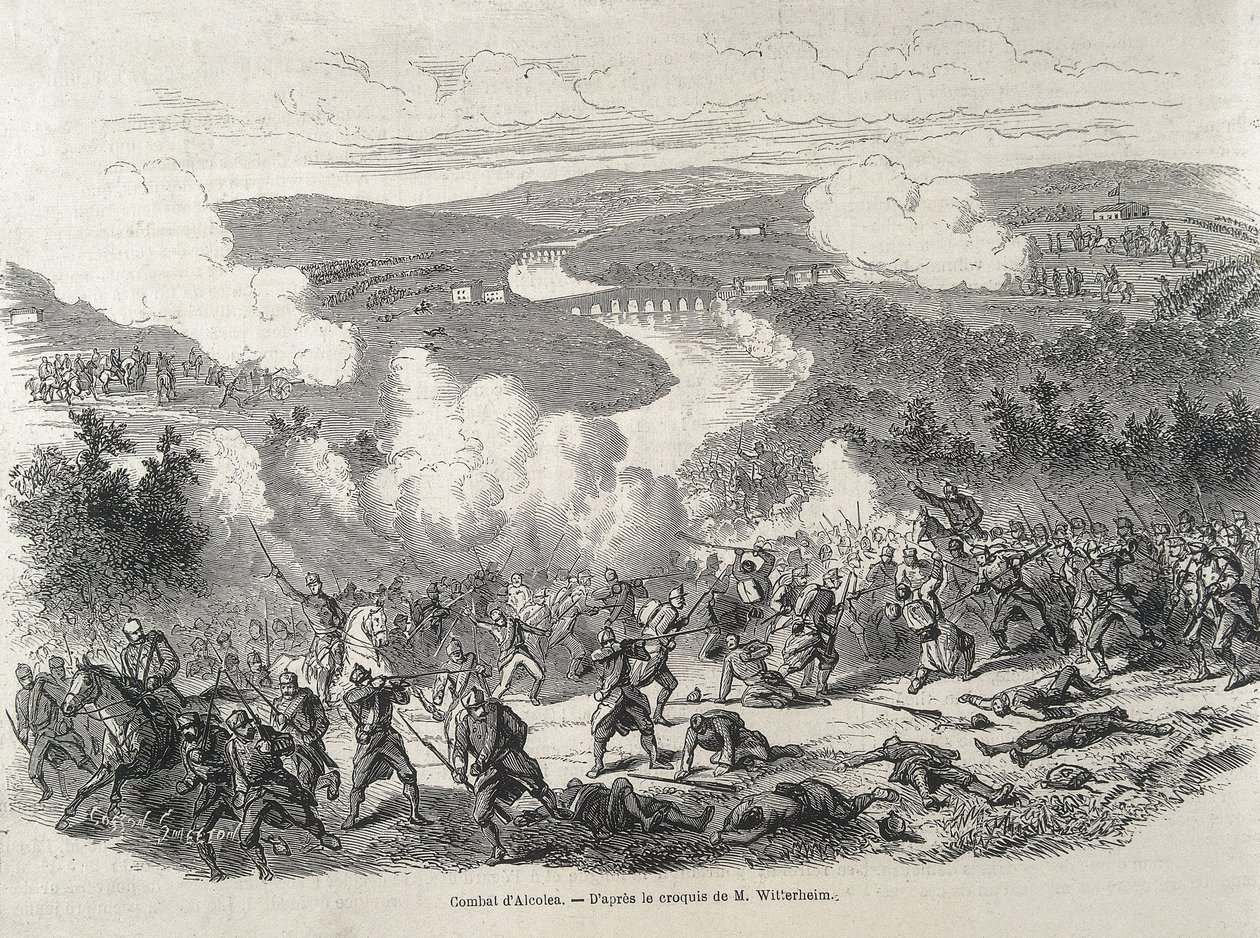 España. Revolución de 1868. Batalla de Alcolea (20 de septiembre), que culminó con el destronamiento de Isabel II. Grabado de Artist Unknown