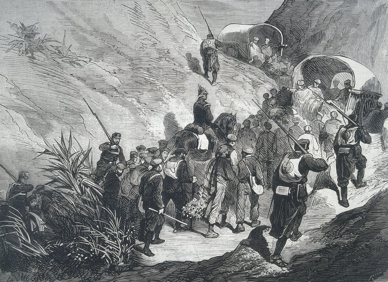 España. Tercera Guerra Carlista. Prisioneros carlistas caminando por las montañas del Ampurdán (Cataluña). Grabado. de Artist Unknown