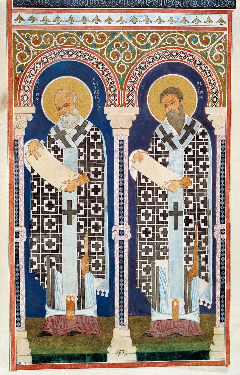 San Gregorio de Nisa y San Basilio Magno, padres de la Iglesia ortodoxa griega, grabado, siglo IV de Artist Unknown