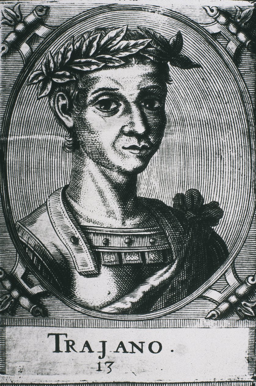 TRAJANO, Marco Ulpio Trajano (53-117). Retrato de Trajano con laureles. Detalle del grabado original. Grabado. de Artist Unknown