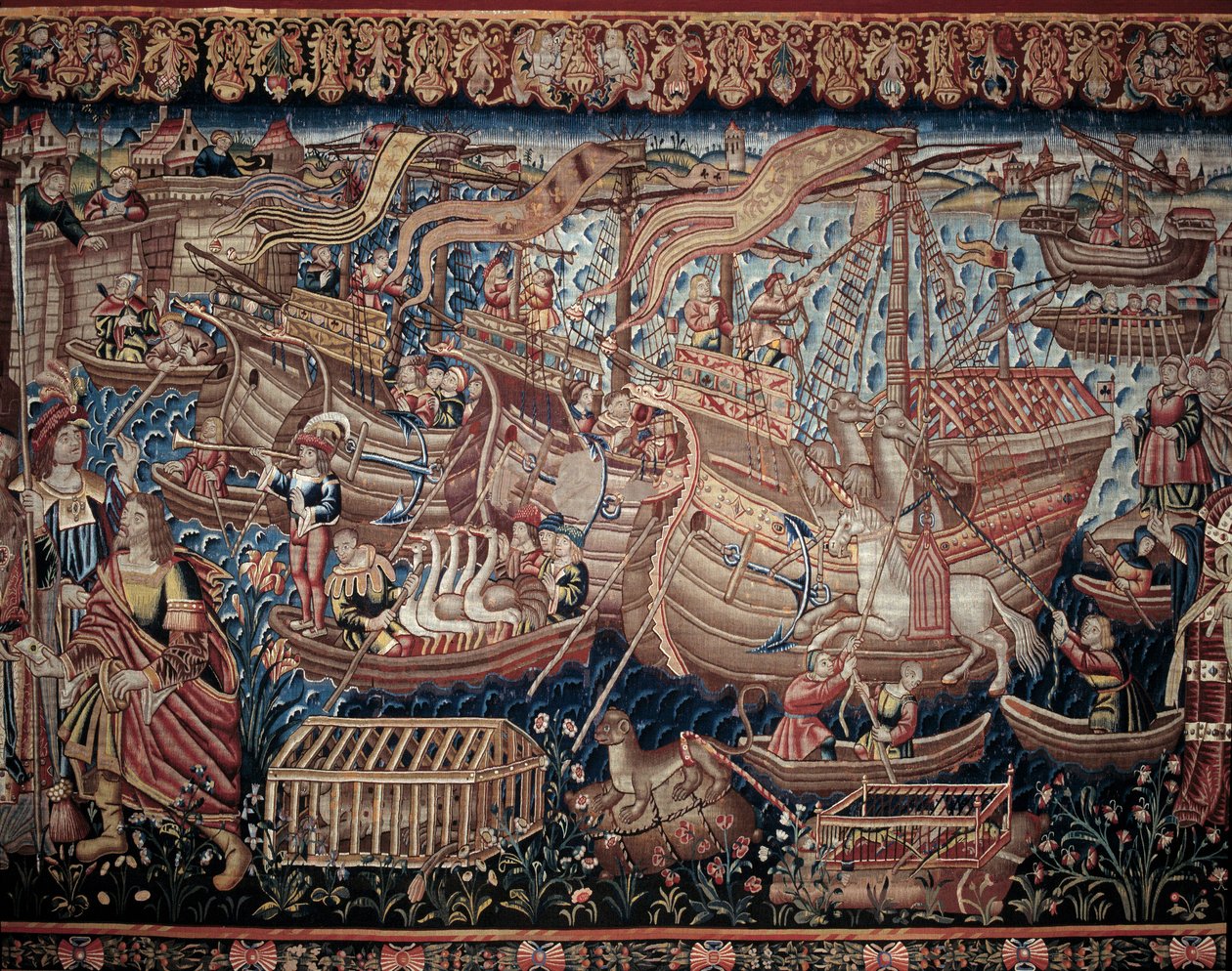 El navegante portugués Vasco de Gama (1459-1524) llegó a Calicut en la India en 1498, detalle, tapiz de Artist Unknown