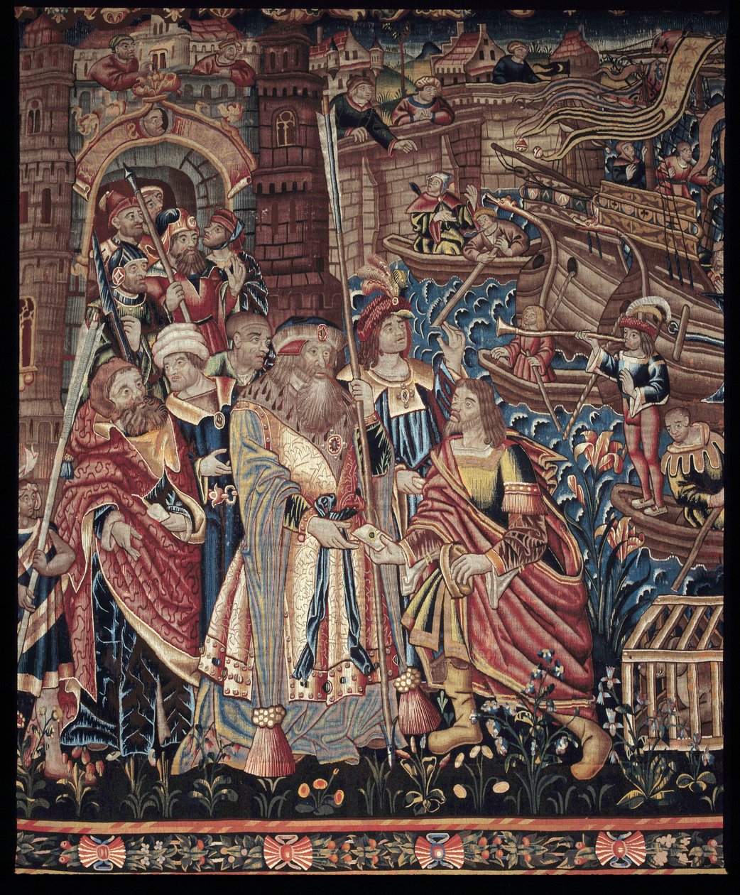 El navegante portugués Vasco de Gama (1459-1524) llegó a Calicut en la India en 1498, detalle, tapiz de Artist Unknown