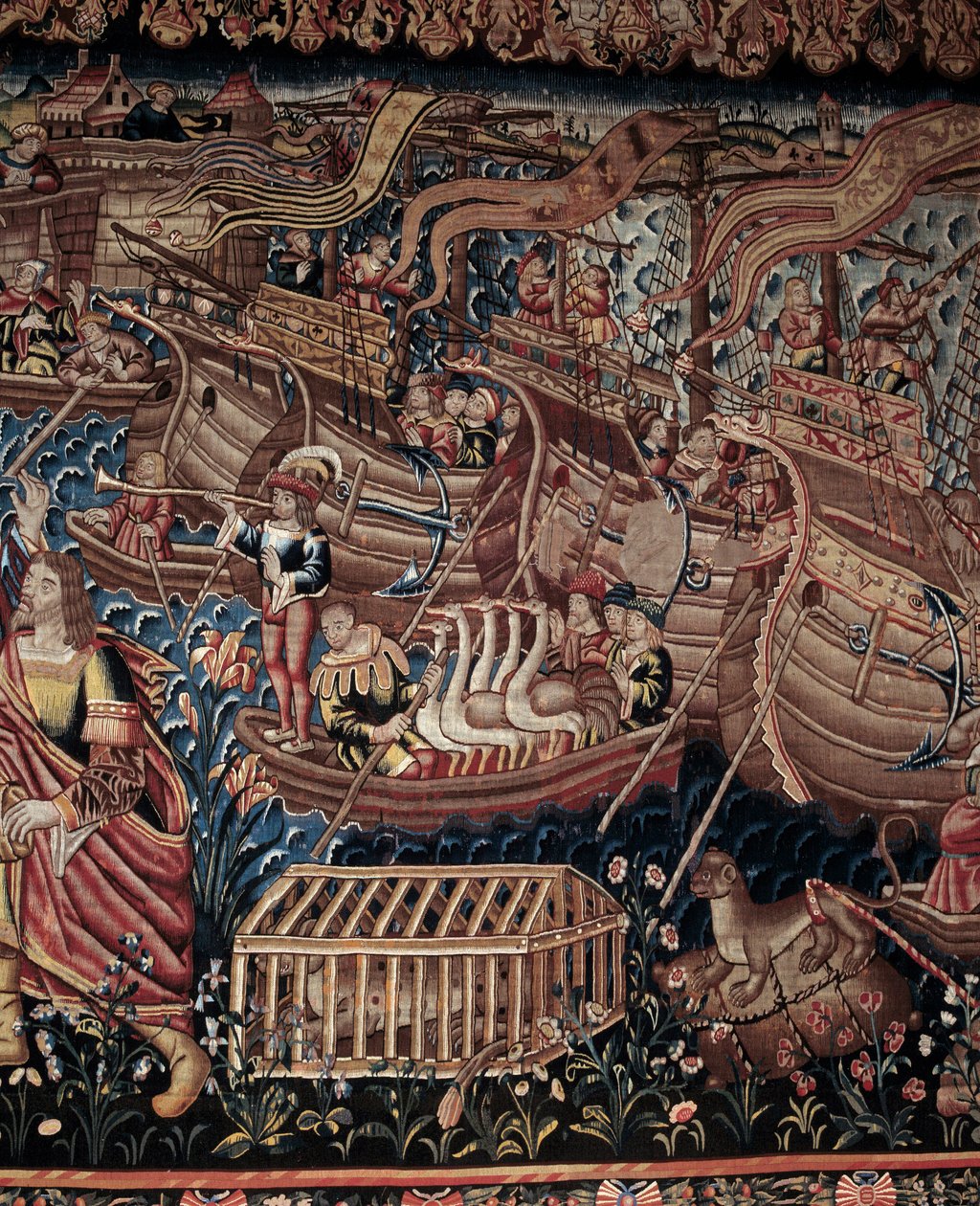 El navegante portugués Vasco de Gama (1459-1524) llegó a Calicut en la India en 1498, detalle, tapiz de Artist Unknown