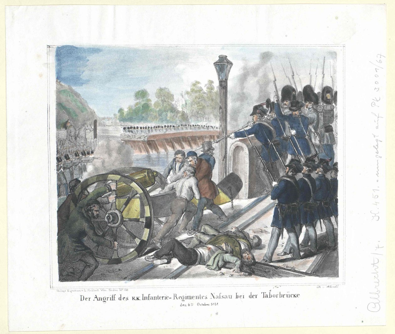 El ataque del k. k. Regimiento de Infantería Nassau en el Taborbruecke (Puente Tabor) el 6 de octubre de 1848 de Artist Unknown