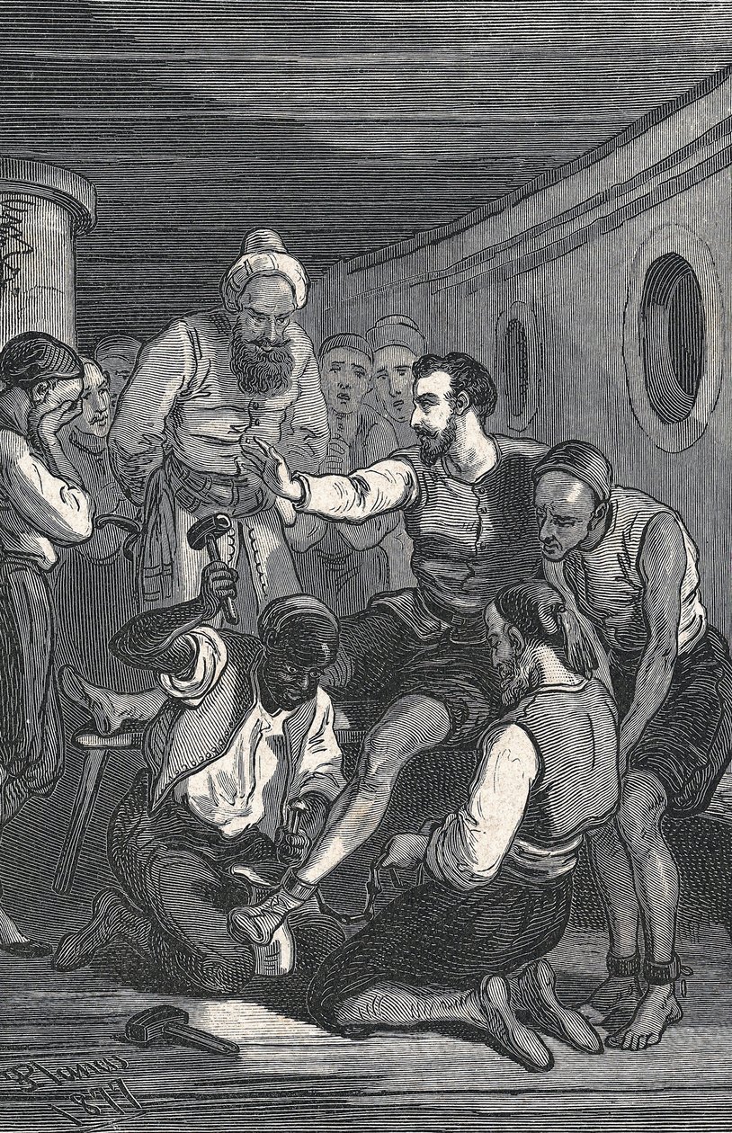 Los trinitarios Fray Juan Gil y Fray Antón de la Bella liberan a Cervantes de su cautiverio en Argel en 1580 (grabado) de Artist Unknown