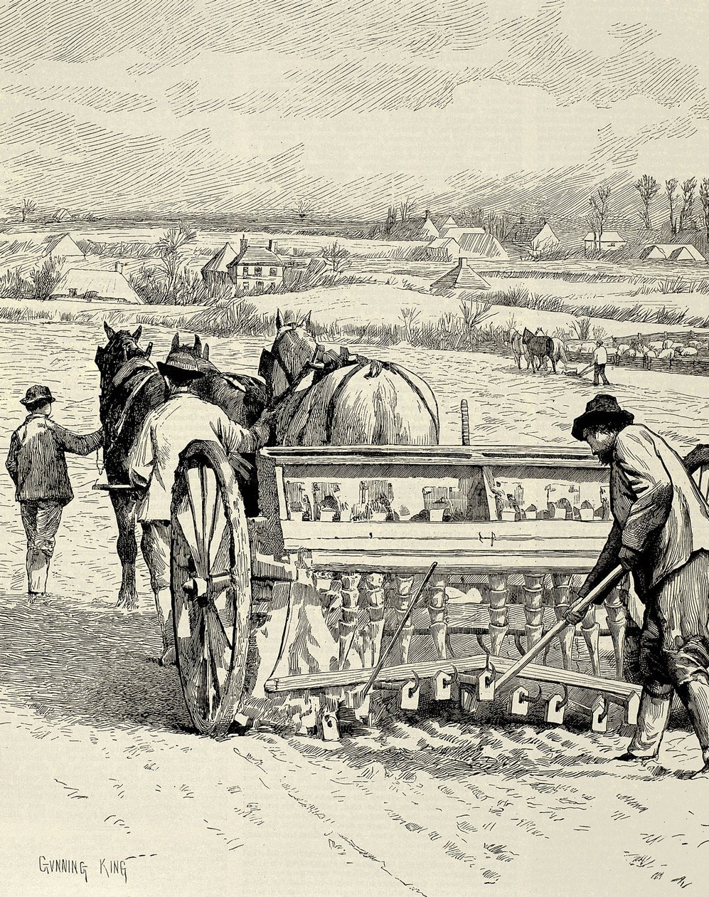 REINO UNIDO. INGLATERRA. Revolución industrial. Máquina perforadora inventada por Jethro Tull. Siembra de cebada en febrero. Dibujo de Gunning King publicado en "The Illustrated London News". Grabado. de Artist Unknown