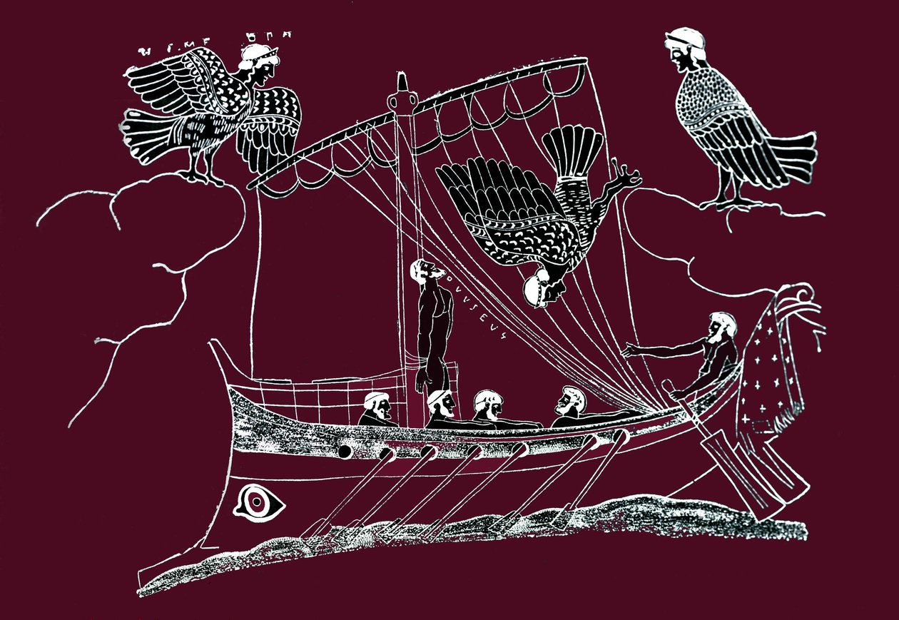 Ulises y las sirenas intentan atraer el barco de los marineros. Ulises se sujeta a la estera de su barco y se lleva a la boca las orejas de sus compañeros. Dibujo de una pintura sobre jarrón. de Artist Unknown