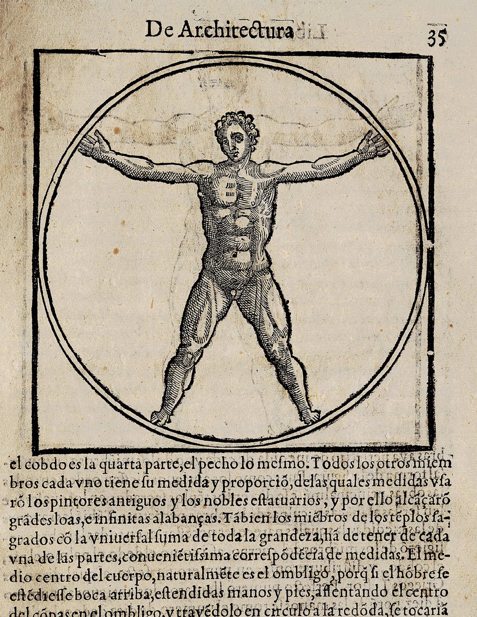 VITRUVIUS, Marco Vitrubio Polio (siglo I a.C.). "De Architectura", con traducción al castellano de Miguel de Urrea. Editado en Alcalá de Henares por Juan Gracián (1582). Ilustración de la página 35 con el canon del cuerpo humano. Xilografía de Artist Unknown