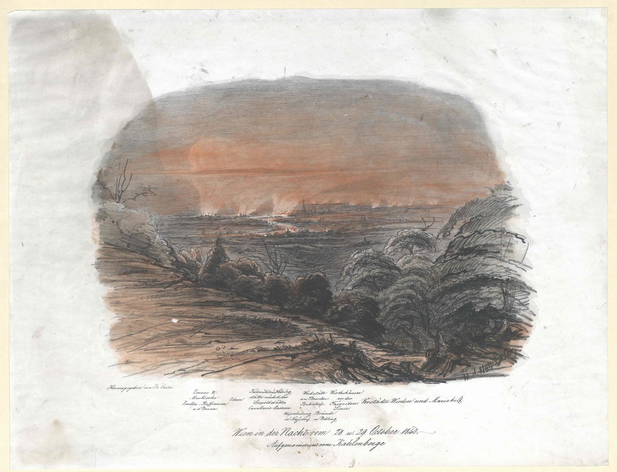 Viena en la noche del 28. y 29. de octubre de 1848. Octubre 1848. registro del Kahlenberge (pico) de Artist Unknown