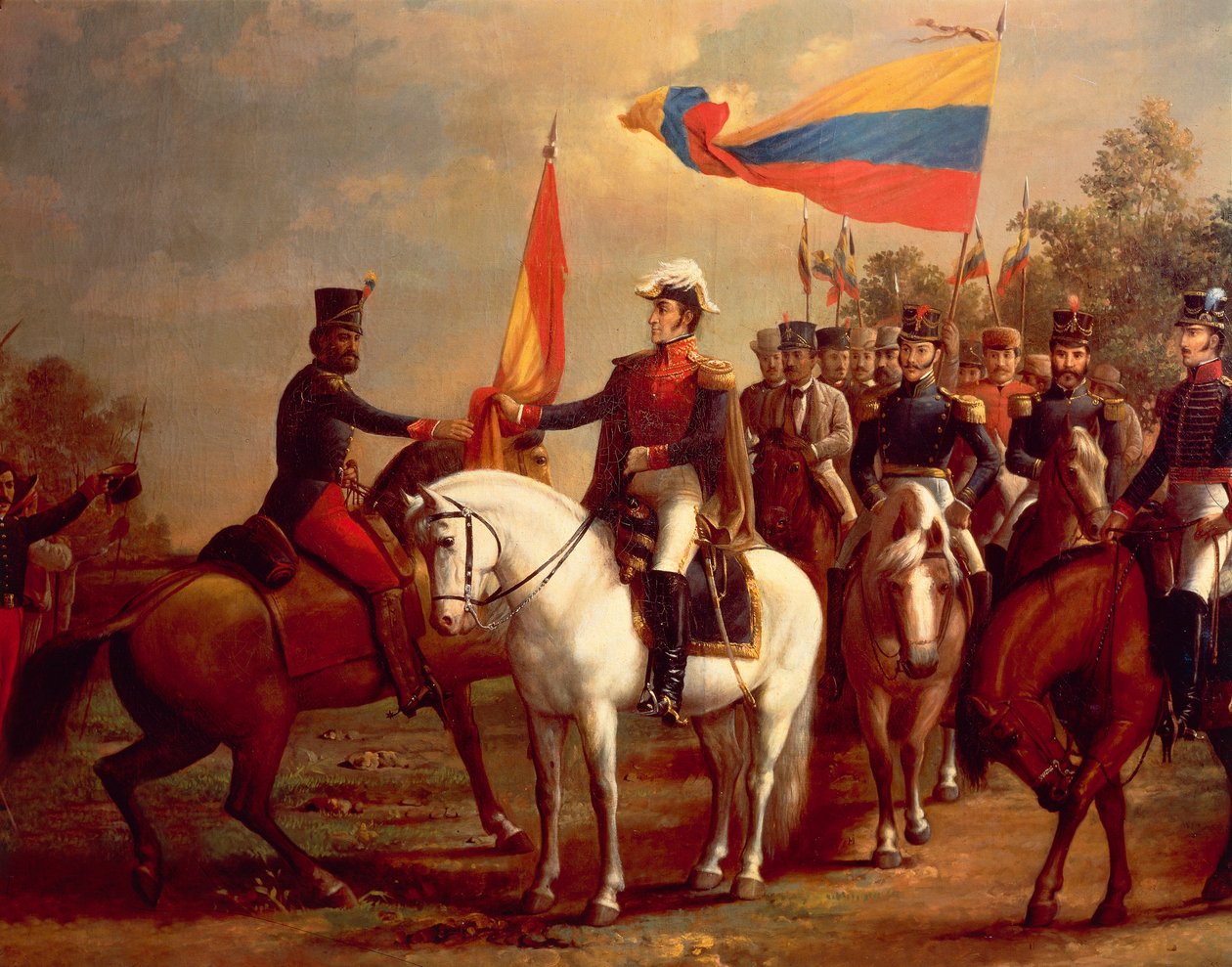 Simón Bolívar rindiendo honores a la bandera tras la Batalla de Carabobo, 24 de junio. de Arturo Michelena