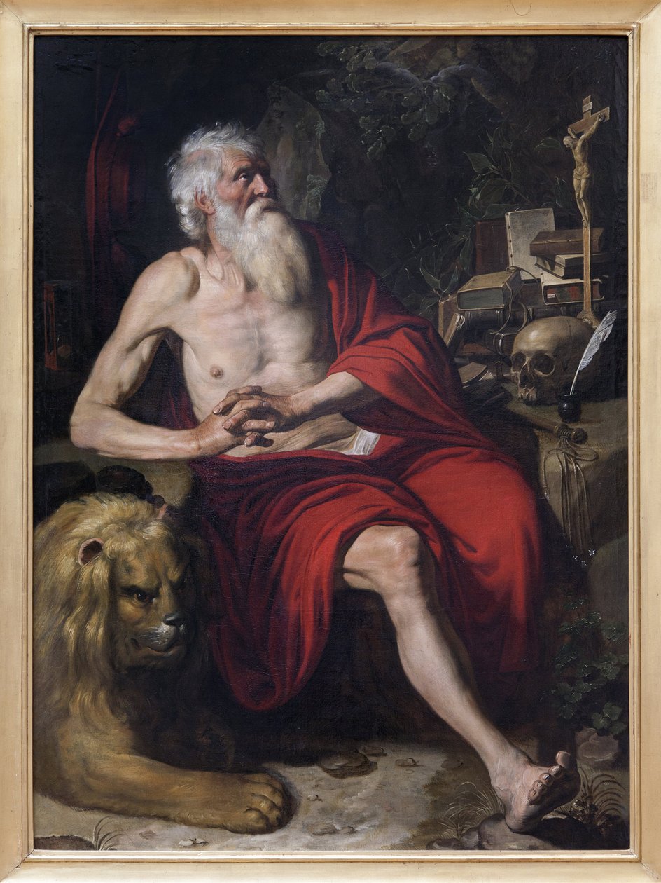 San Jerónimo meditando, Pintura atribuida a Artus Wolffort (1581-1641). Fotografía, KIM Youngtae, Lyon, Museo de Bellas Artes de Lyon. de Artus Wolfaerts or Wolffort
