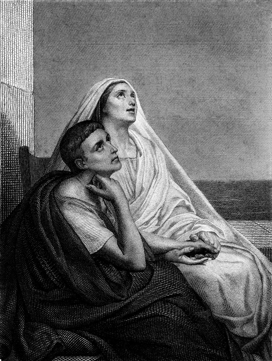 Santa Mónica con San Agustín - en el frontispicio de la Historia de Santa Mónica por el Abad Bougaud, Librería Poussielgue 1866 de Ary Scheffer