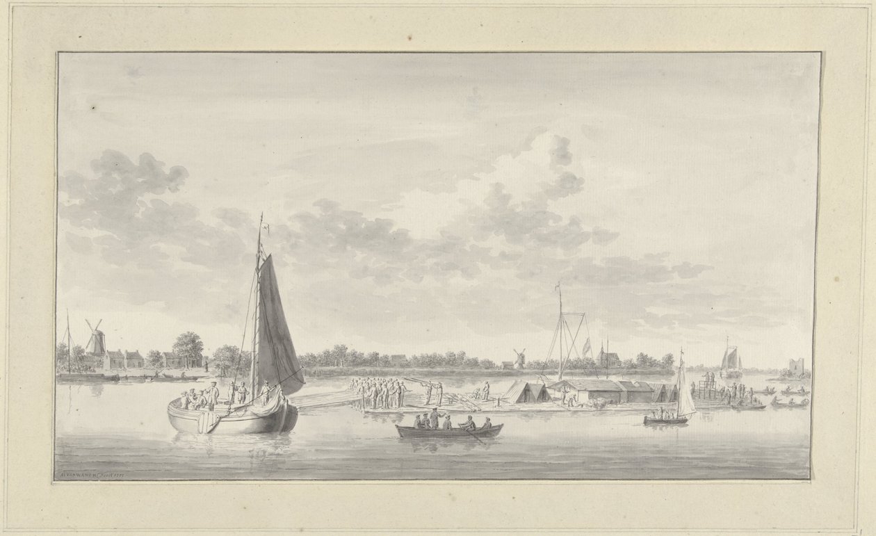 Gran balsa y varios barcos en el Merwede, cerca de la casa de Merwe, cerca de Dordrecht de Ary van Wanum