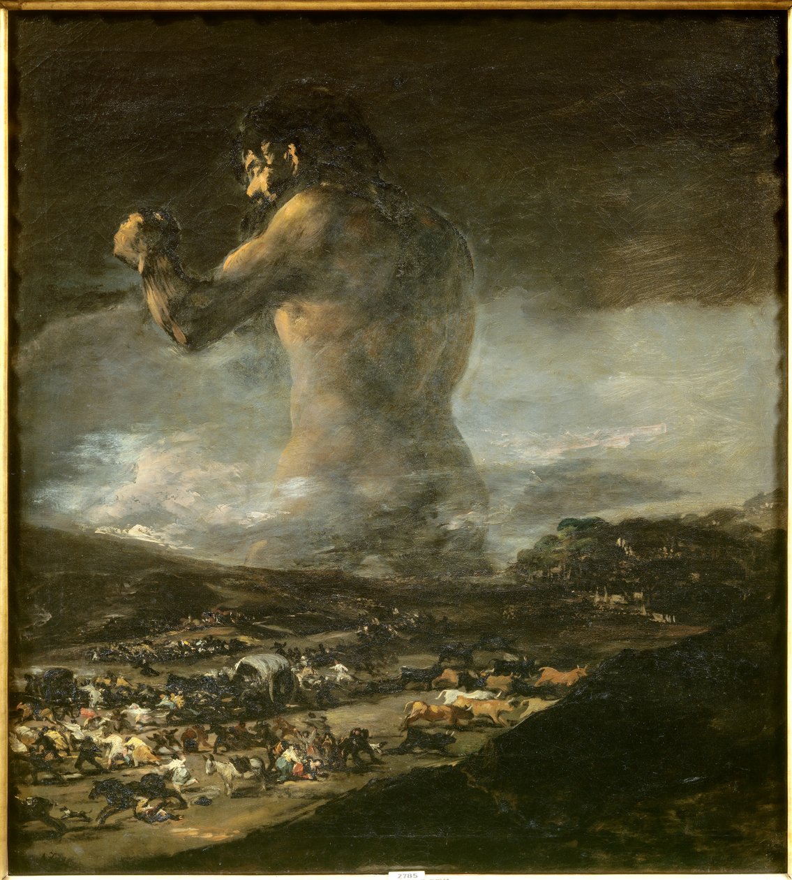 La silueta del Coloso de un gigante caminando por las llanuras de un paisaje muy oscuro y sembrando el miedo, la muerte, la miseria y la huida del pueblo español. Es un símbolo de la guerra de independencia de España contra Napoleón I Bonaparte. Pintura at de Asensio Julia