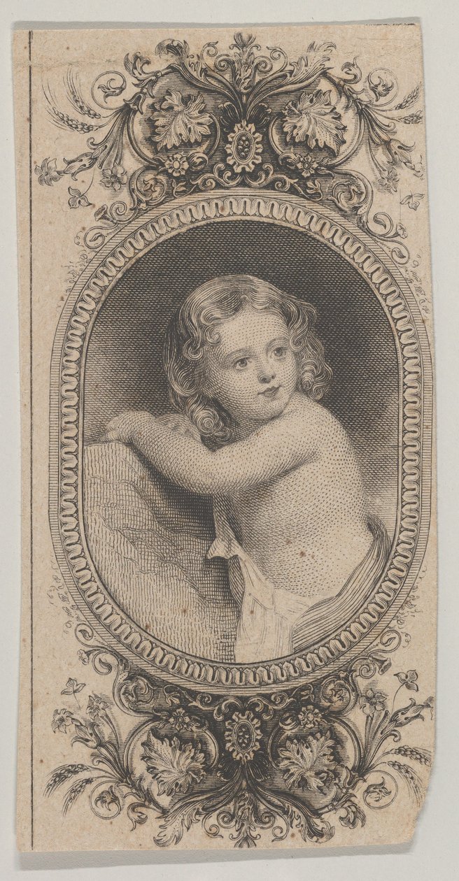 Motivo de billete: retrato de un niño y dos óvalos con patrones rodeados de un diseño floral de Asher Brown Durand.