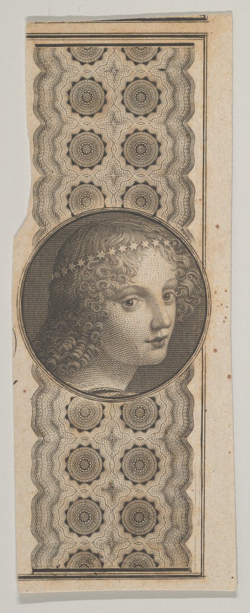 Motivo de billete con la cabeza de una niña derivada de Leonardo da Vinci contra un patrón..., ca. 1824-37 de Asher Brown Durand.
