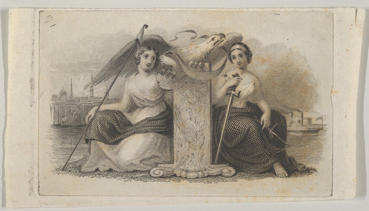 Viñeta de billete con figuras femeninas que representan la Libertad y la Justicia, ca. 1824-37 de Asher Brown Durand.