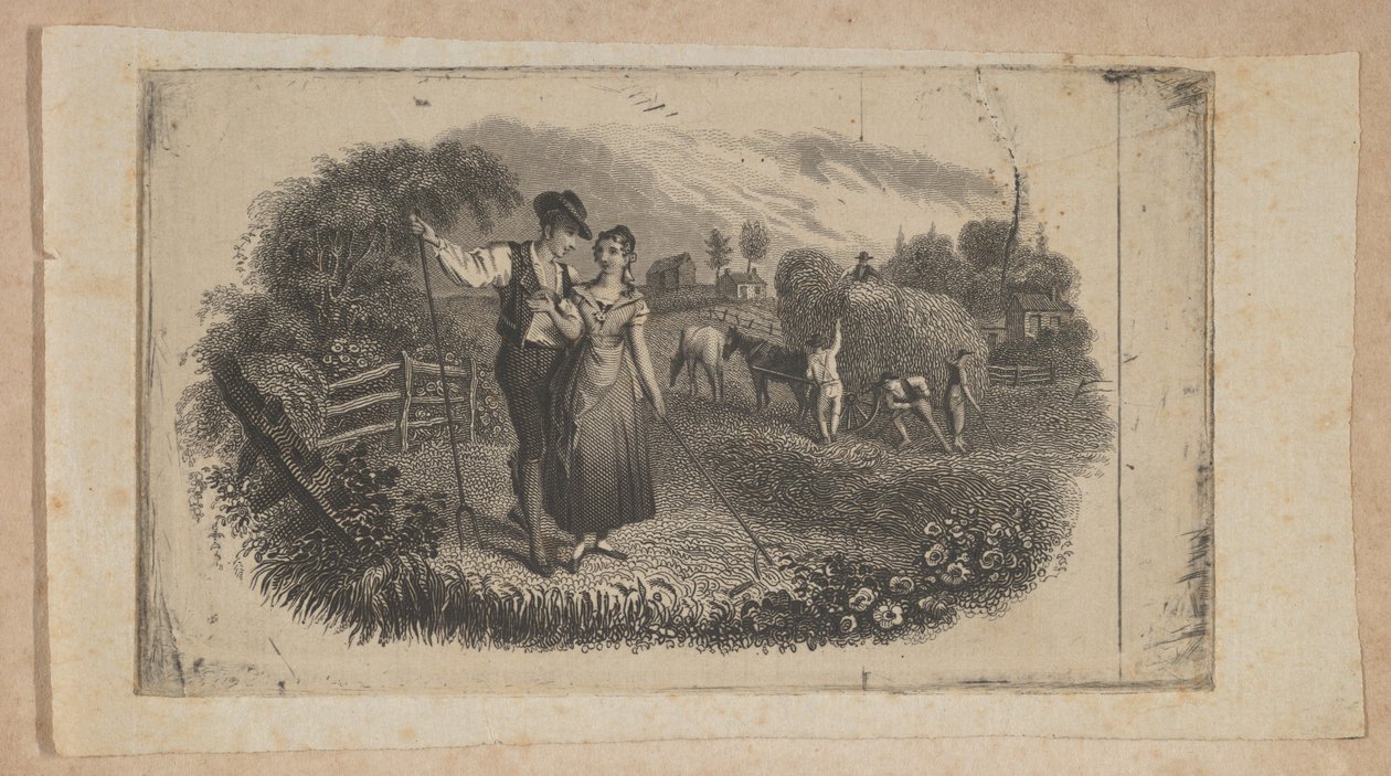 Viñeta de billete con segadores simbolizando la industria rural, ca. 1824-37 de Asher Brown Durand.