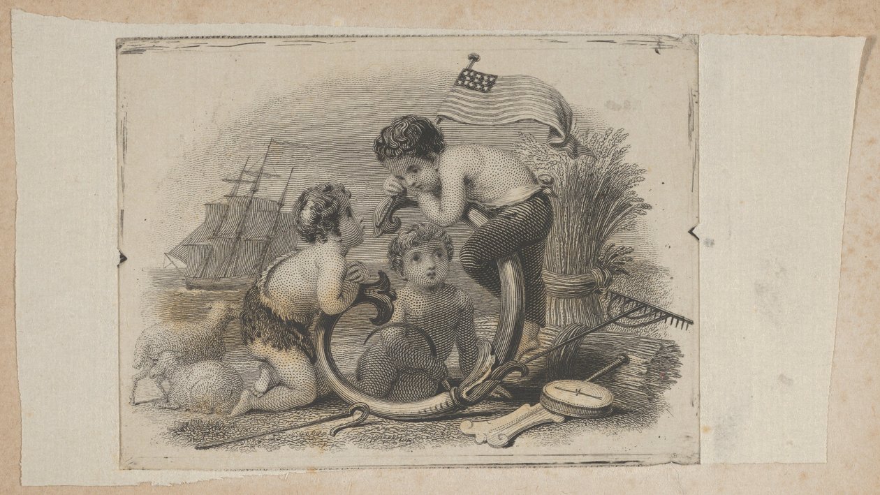 Viñeta de billete con tres putti como pastor, agricultor y marinero, ca. 1824-37 de Asher Brown Durand.