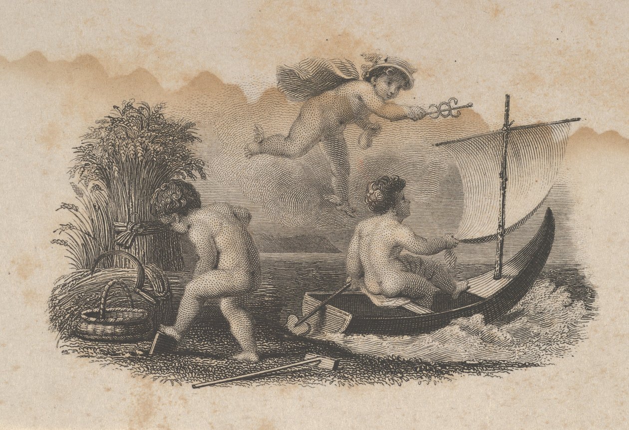 Viñeta de billete con tres putti simbolizando el comercio y la agricultura, ca. 1824-37 de Asher Brown Durand.