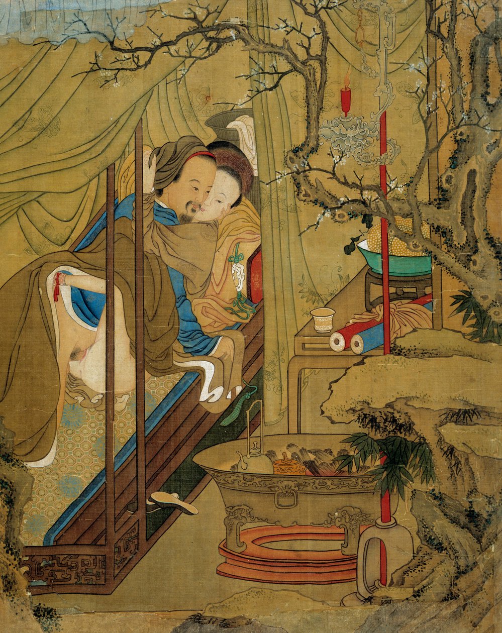 Arte asiático: escena erótica. Una pareja durante el acto de amor en una cama. Pintura sobre seda del siglo XVIII de Asian School