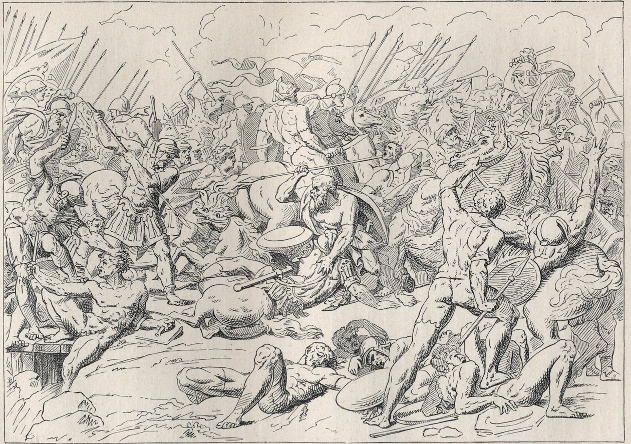 Guerra del Peloponeso: La batalla de Potidea (La battaglia di Potidea) donde el filósofo griego Sócrates salvó la vida en Alcibíades. (Grabado d
