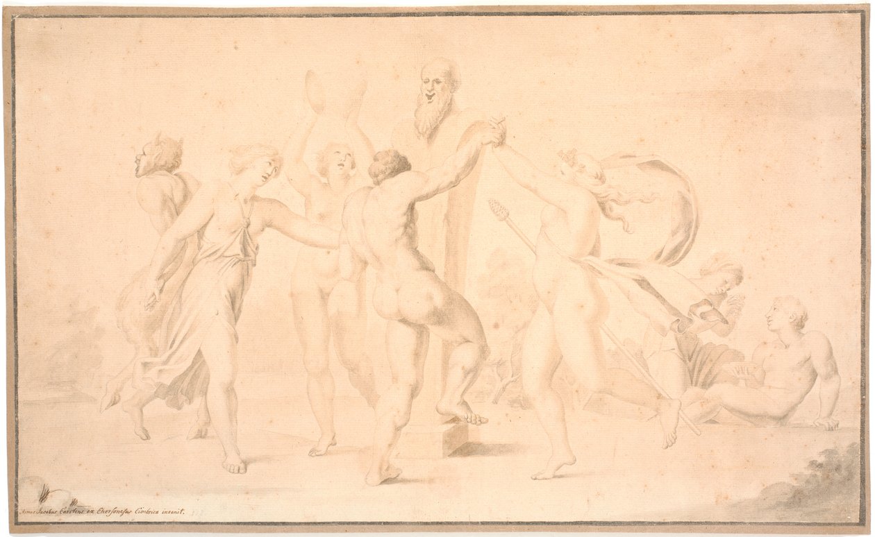 Bacanal. Un sátiro, una bacante y tres bacantes bailan alrededor de una herma de Príapo de Asmus Jacob Carstens