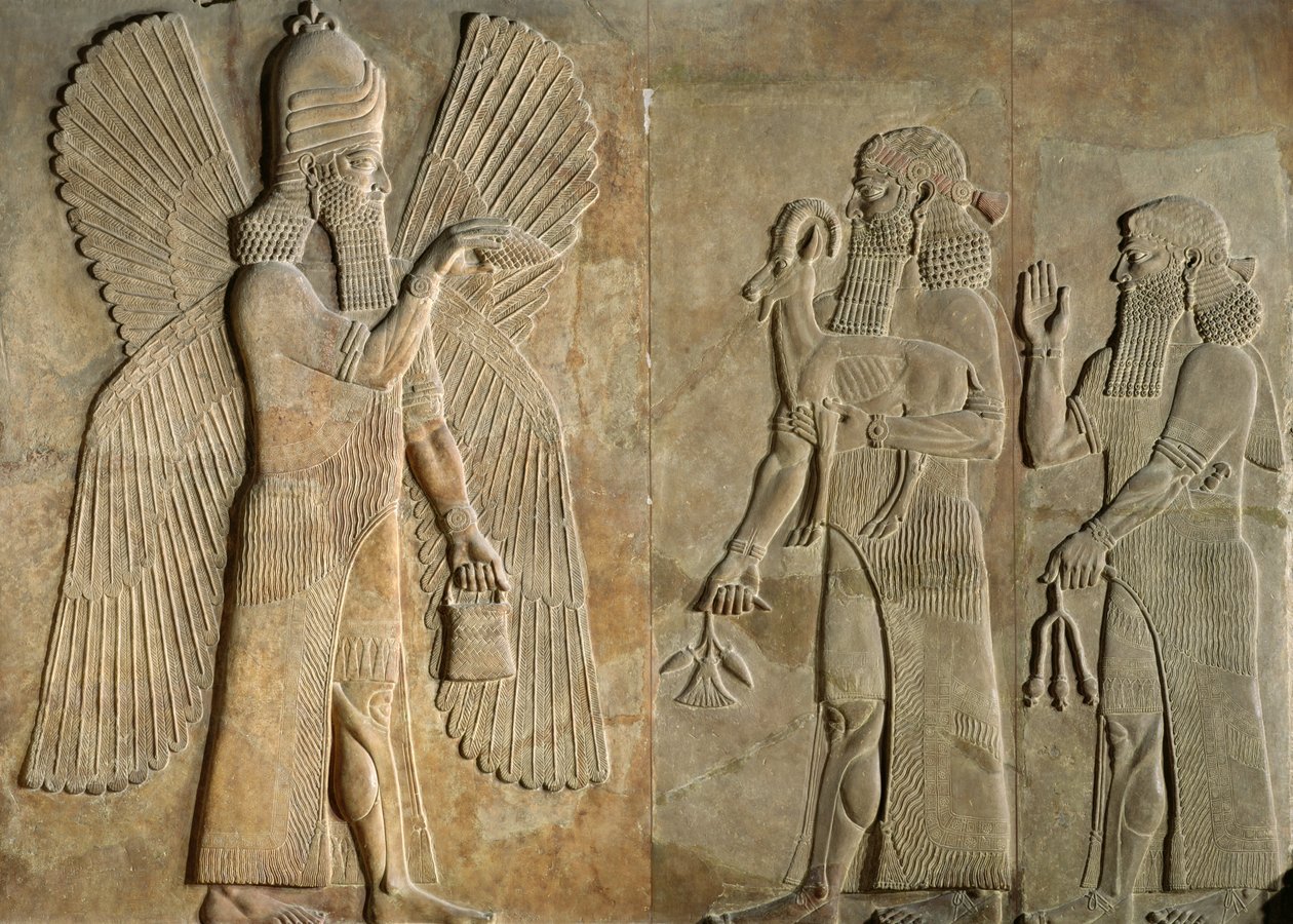 Friso que representa un espíritu alado, un sargón o sacerdote llevando una gacela y un adorador llevando un tallo de amapola, del Palacio de Sargón I, Khorsabad, Irak de Assyrian