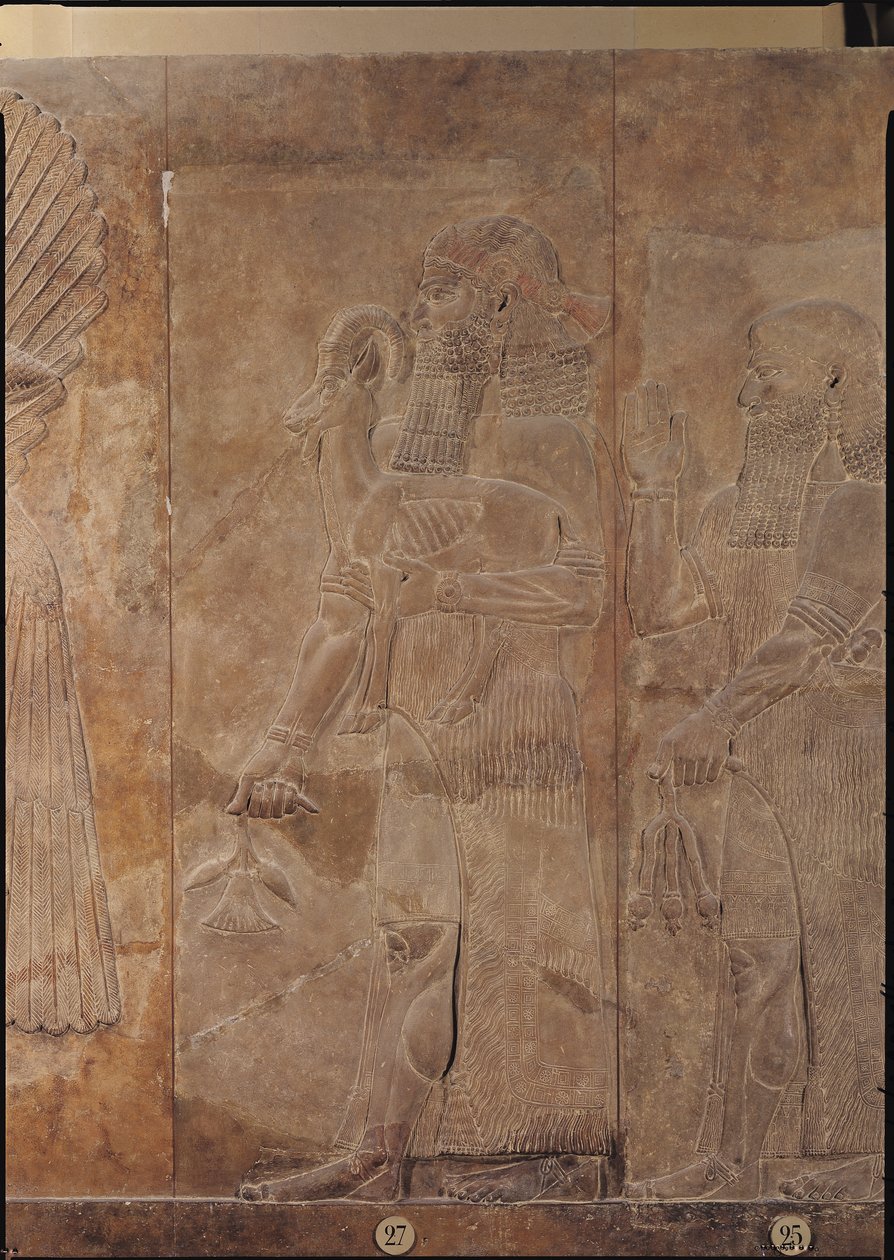 Relieve que representa a Sargón II (721-705 a.C.) o un sacerdote llevando una gacela sacrificial, del Palacio de Sargón II en Khorsabad, Irak de Assyrian