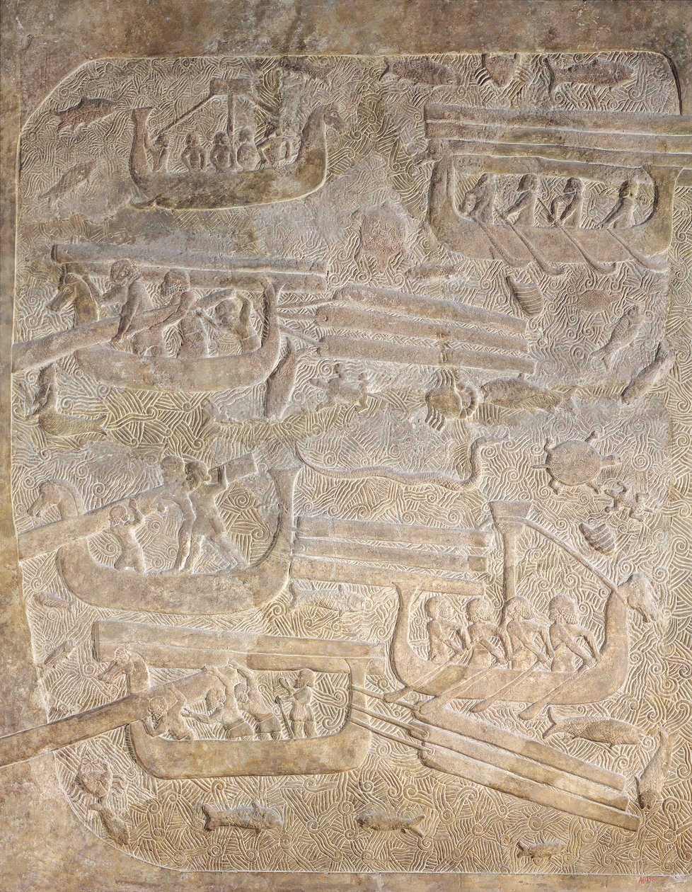 Relieve que representa la descarga de madera después del transporte por mar, del Palacio de Sargón II, Khorsabad, Irak de Assyrian