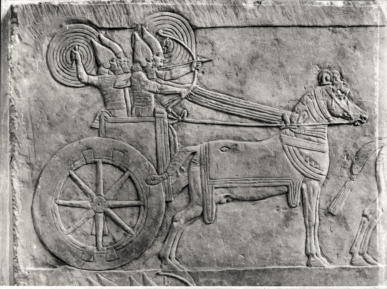 Fragmento de un relieve que representa al ejército asirio en batalla, del Palacio de Asurbanipal en Nínive, c.645 a.C. (detalle) de Assyrian