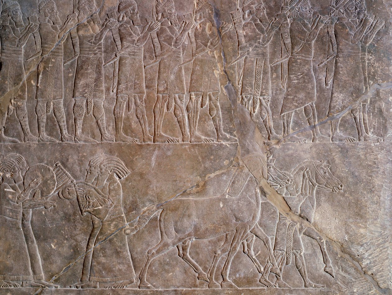 Antigüedad oriental: detalle de un bajorrelieve en piedra caliza: los músicos de la armadura de Asurbanipal o Asurbanipal, rey de Asiria (Mesopotamia) (669 a.C.-627 a.C.). 640 a.C. De Nínive. París, Museo del Louvre de Assyrian