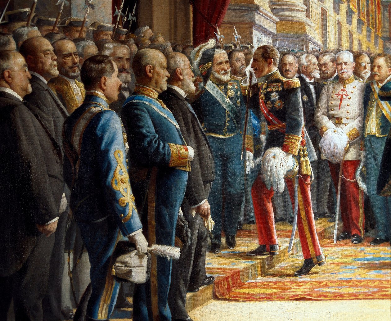 La apertura de las Cortes en el Senado, detalle Alfonso XIII de España (1886-1941) saluda a Antonio Maura y Montaner (1853-1925) al entrar en el Senado, 24 de junio de 1920 de Asterio Mañanós Martínez