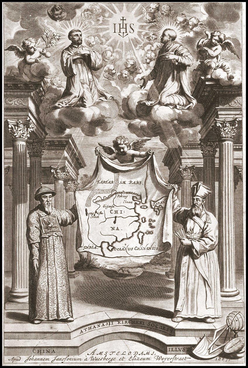Adam Schall (izquierda) y Matteo Ricci (derecha) con traje mandarín chino, frontispicio de "China" de Athanase Kircher de Athanasius Kircher