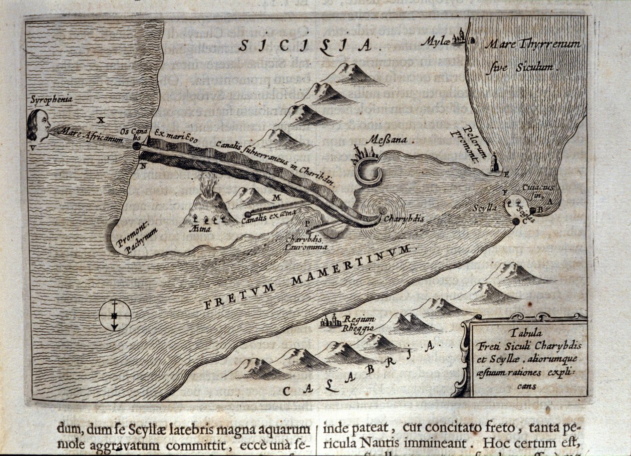 Representación cartográfica de Caribdis y Escila en el estrecho de Mesina, Sicilia. Grabado de 