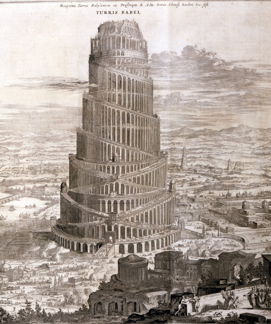 Der Turmbau zu Babel. Rekonstruktion durch Athanasius Kirche en su obra "Turris Babel" sobre esta torre y la historia de la humanidad temprana. de Athanasius Kircher