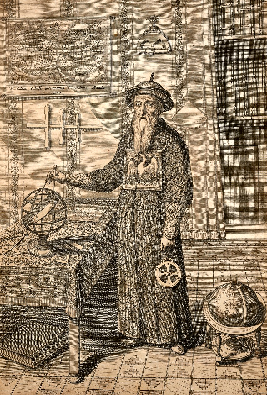 Jesuita Johann Adam Schall von Bell, predecesor de Ferdinand Verbiest, astrónomo en la corte de la Dinastía Ming en Nanjing, con traje de mandarín, de China monumentis de Athanasius Kircher