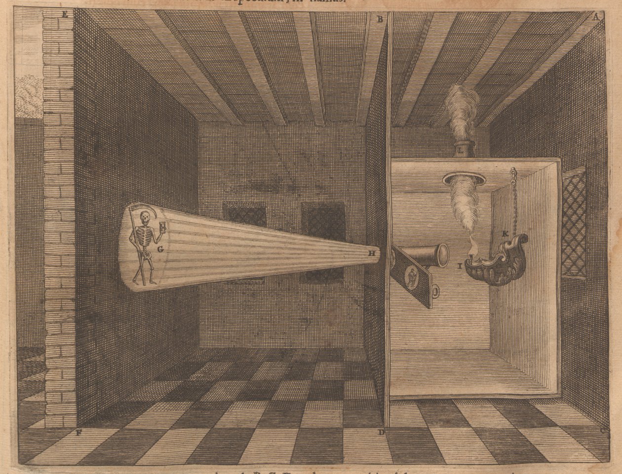 Linterna mágica mostrando la Muerte de Ars Magna Lucis, 1671 de Athanasius Kircher
