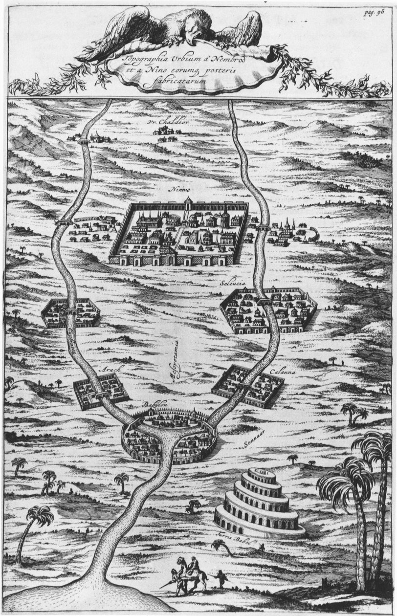 Mesopotamia, el Tigris y el Éufrates - en “Tirris Babel”, por Athanasie Kirecheri S.J., Ámsterdam de Athanasius Kircher