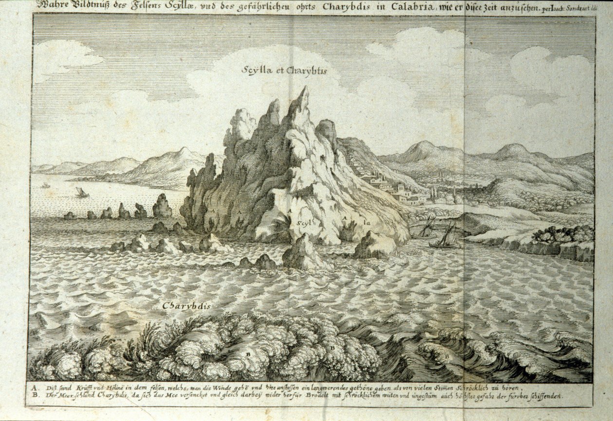 Vista de las rocas de Caribdis y Escila en el estrecho de Mesina, Sicilia. Grabado de 