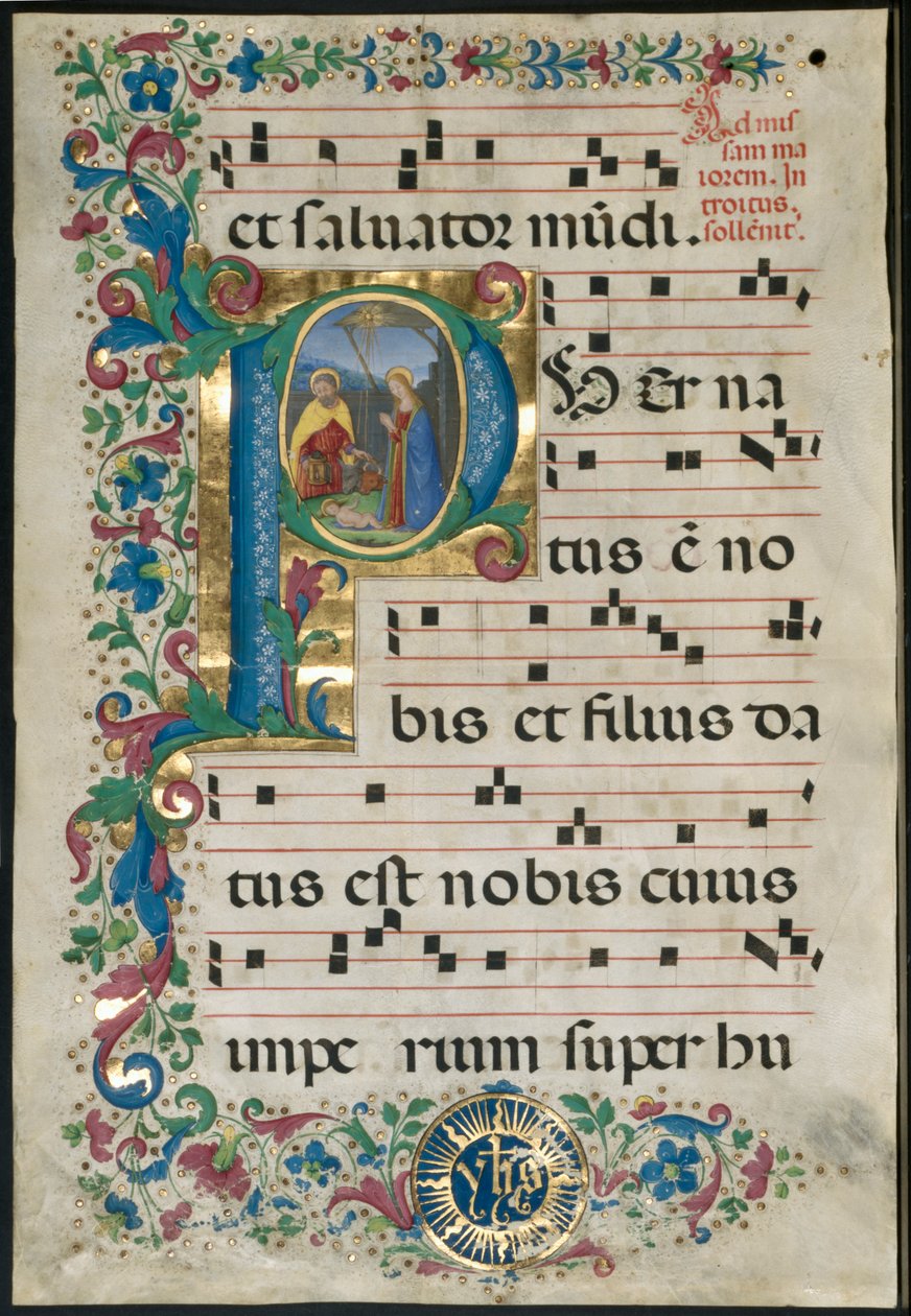 Hoja de un Gradual: P Inicial con la Natividad de Attavante degli Attavanti