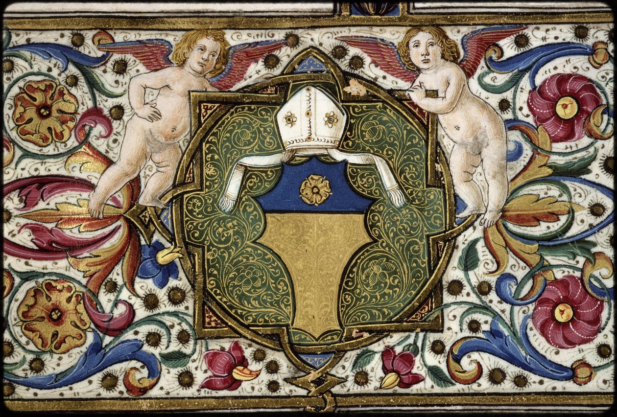 Misal de Thomas James: detalle de las armas del comisario, "Or, on a chief azure a rose Or". de Attavante degli Attavanti
