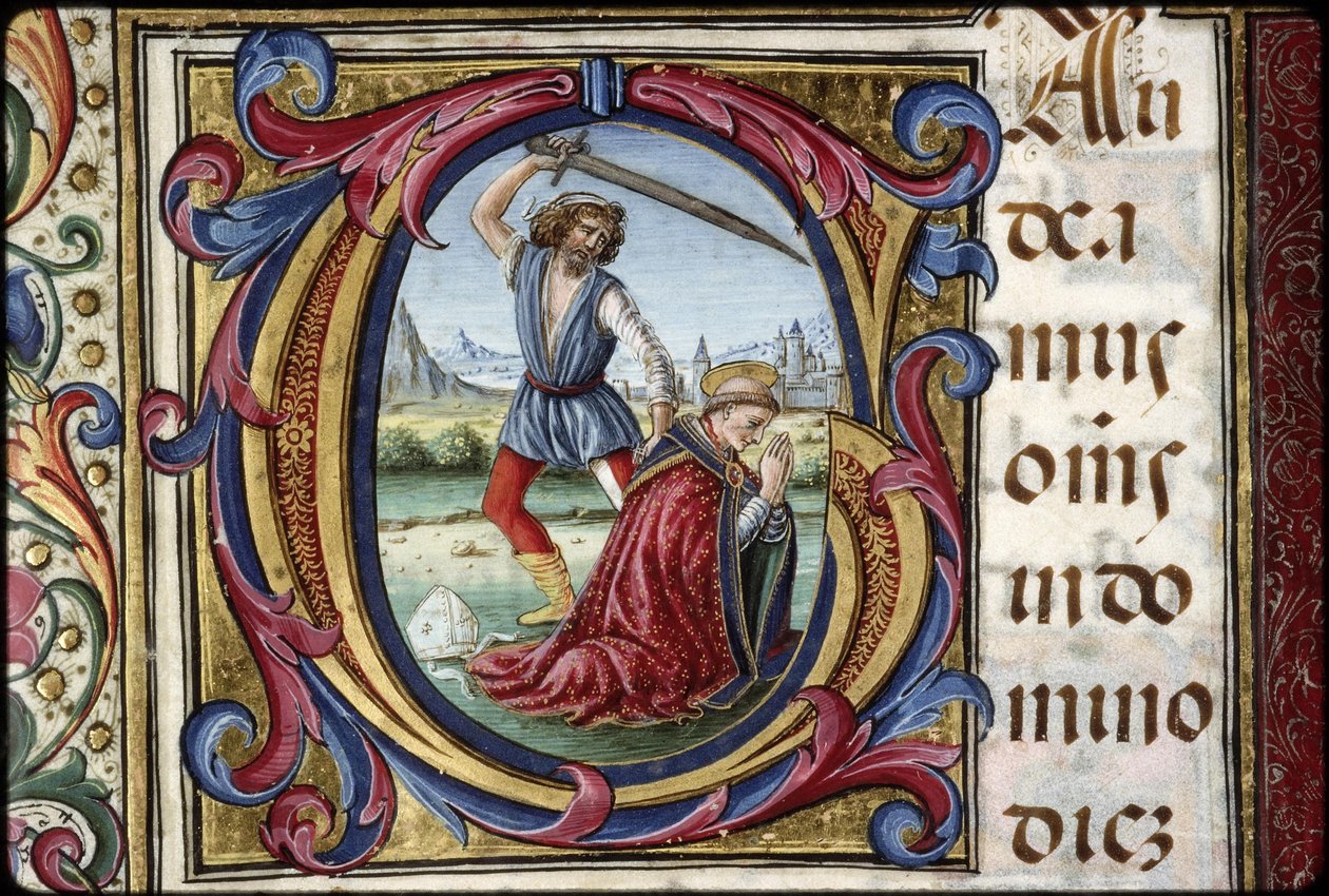 Misal de Thomas James: detalle de una letra G: el martirio de Santo Tomás Becket. de Attavante degli Attavanti