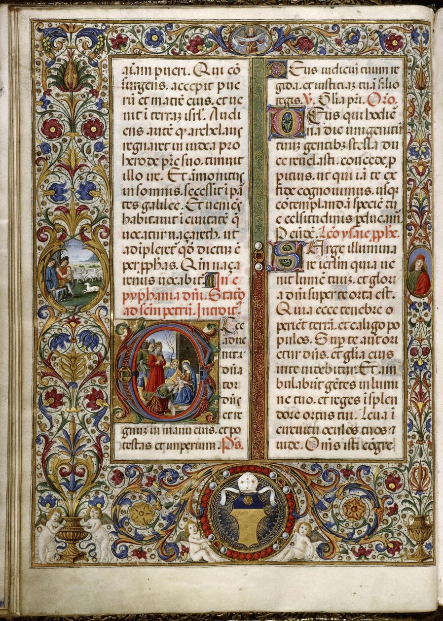 Misal de Thomas James: página con una inscripción: la Adoración de los Magos y un medallón al margen: los pastores en la Anunciación. de Attavante degli Attavanti