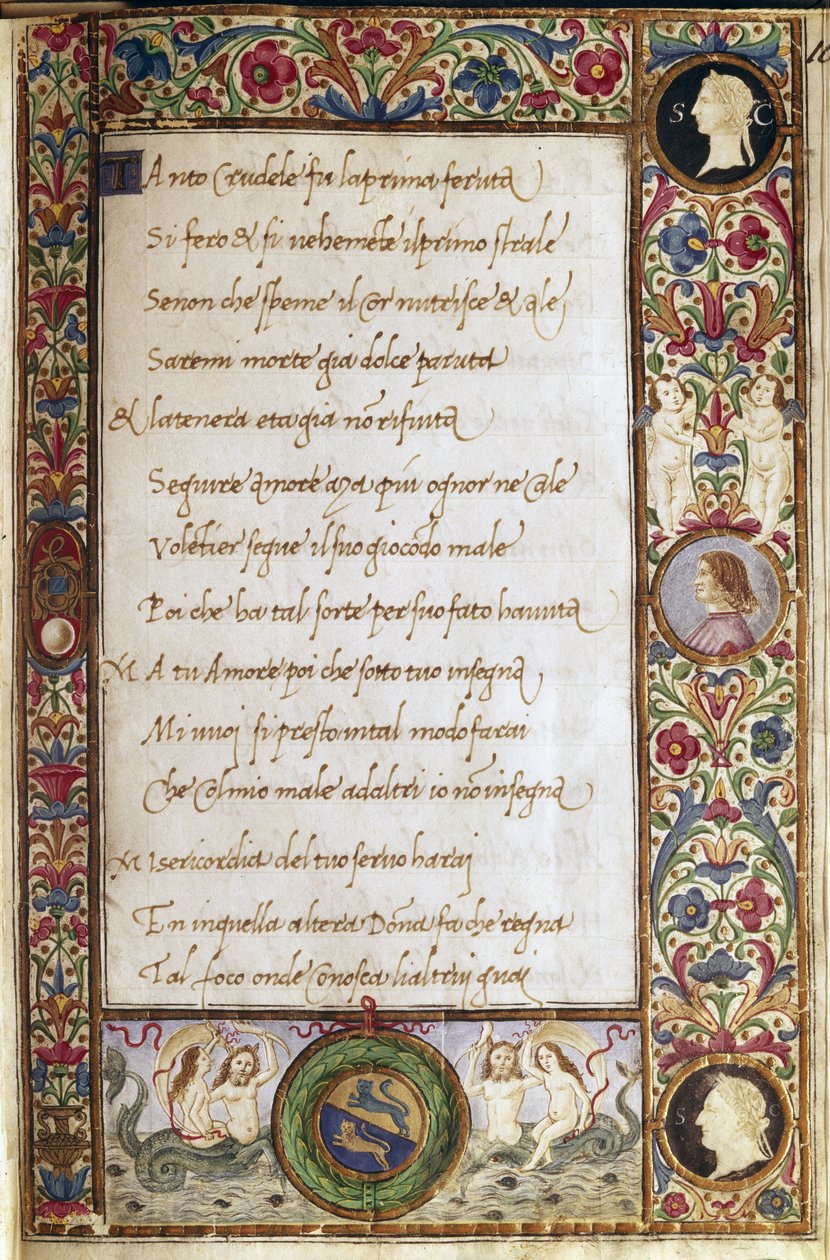 Página del manuscrito "Il canzoniere" de Francesco Petrarca (Petrarca) (1304-1374) iluminada por Attavante dei Attavanti (1452-1525) (ms. cl.VIII.684) siglo XV Dim. 19 x 12,7 cm Florencia, Biblioteca Nacional de Attavante di Gabriello di Vanti di Bartolo