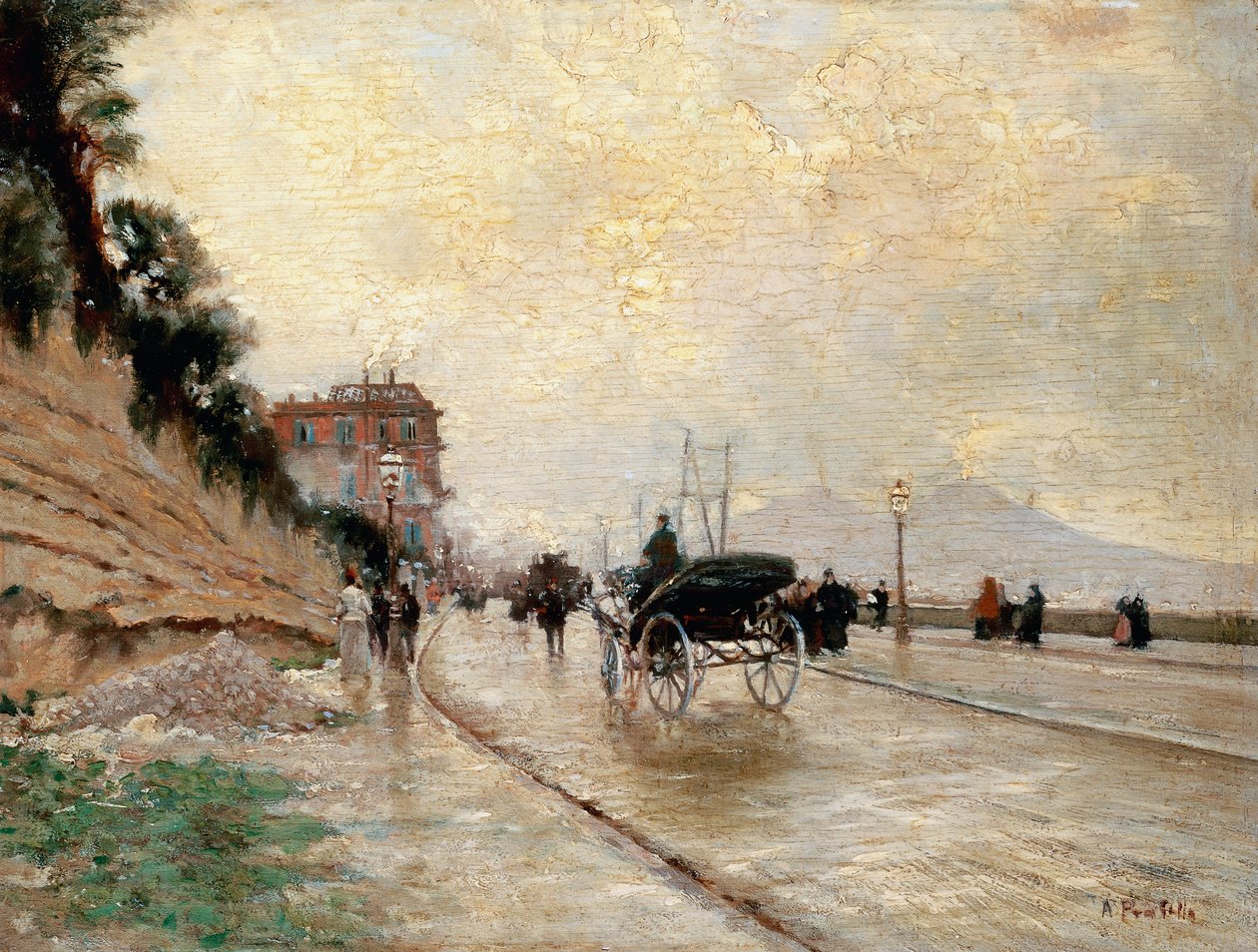 Carruaje en el paseo marítimo de Nápoles (óleo sobre tabla) de Attillo Pratella