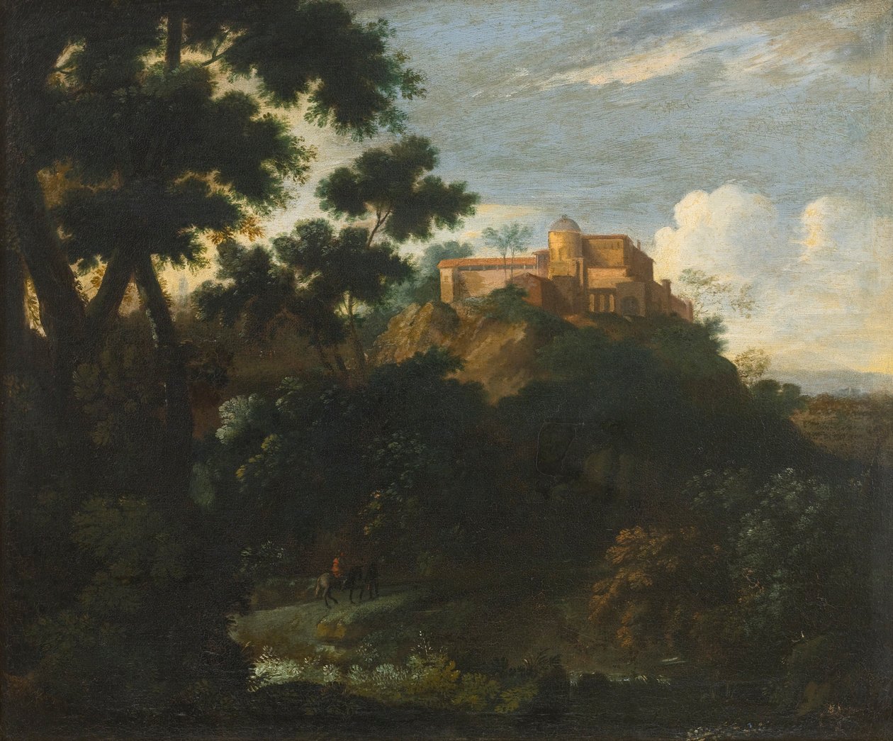 Paisaje montañoso boscoso con viajeros en un camino, una villa al fondo de Jean Francois Millet
