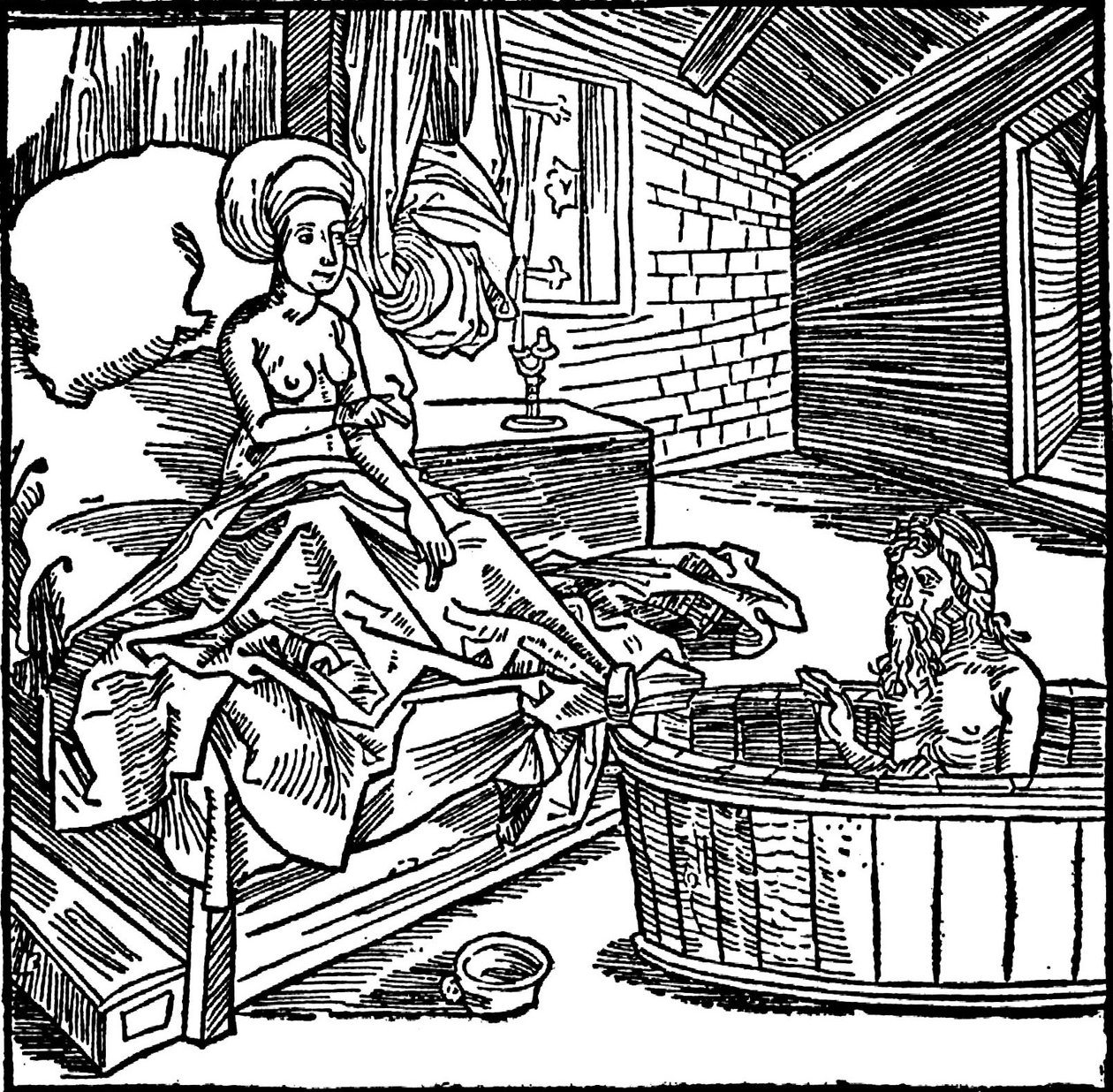 La mujer y el ermitaño bañándose. de attributed to Albrecht Dürer